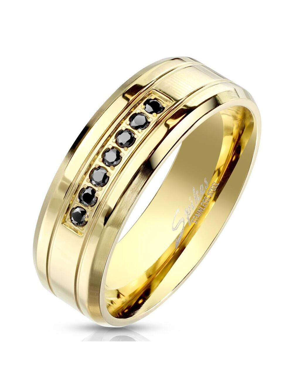Stainless steel gold band with black 7 CZs 8mm width size 12
